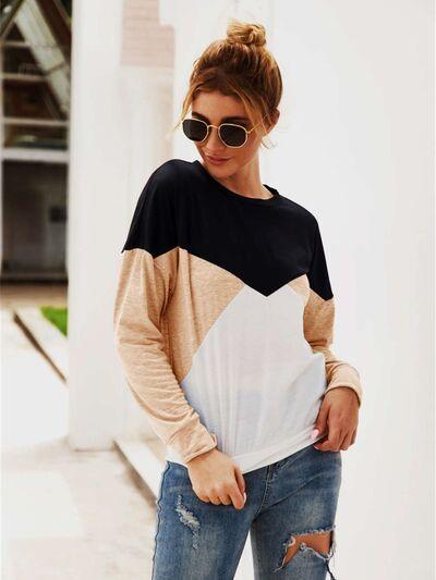 Color Block Round Neck Long Sleeve Top - Chic Yana's Fashion