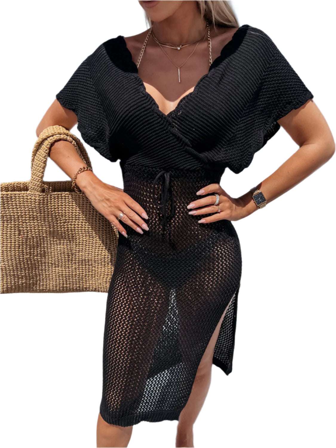 Slit Surplice Cap Sleeve Cover Up - Stylish and Trendy Women's Fashion from Chic Yana's Fashion