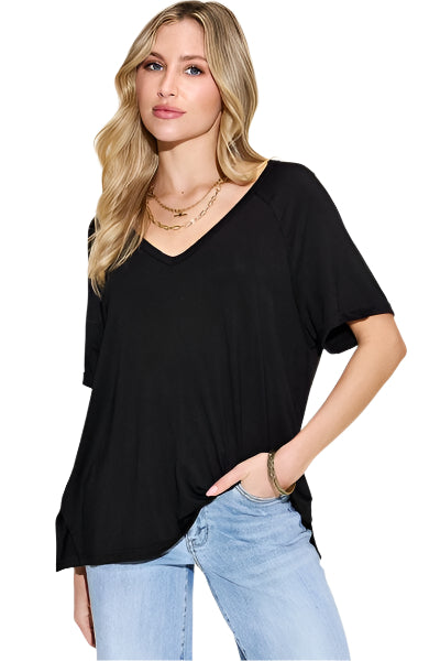 Basic Bae Full Size Bamboo Slit V Neck Short Sleeve T Shirt - Chic Yana's Fashion