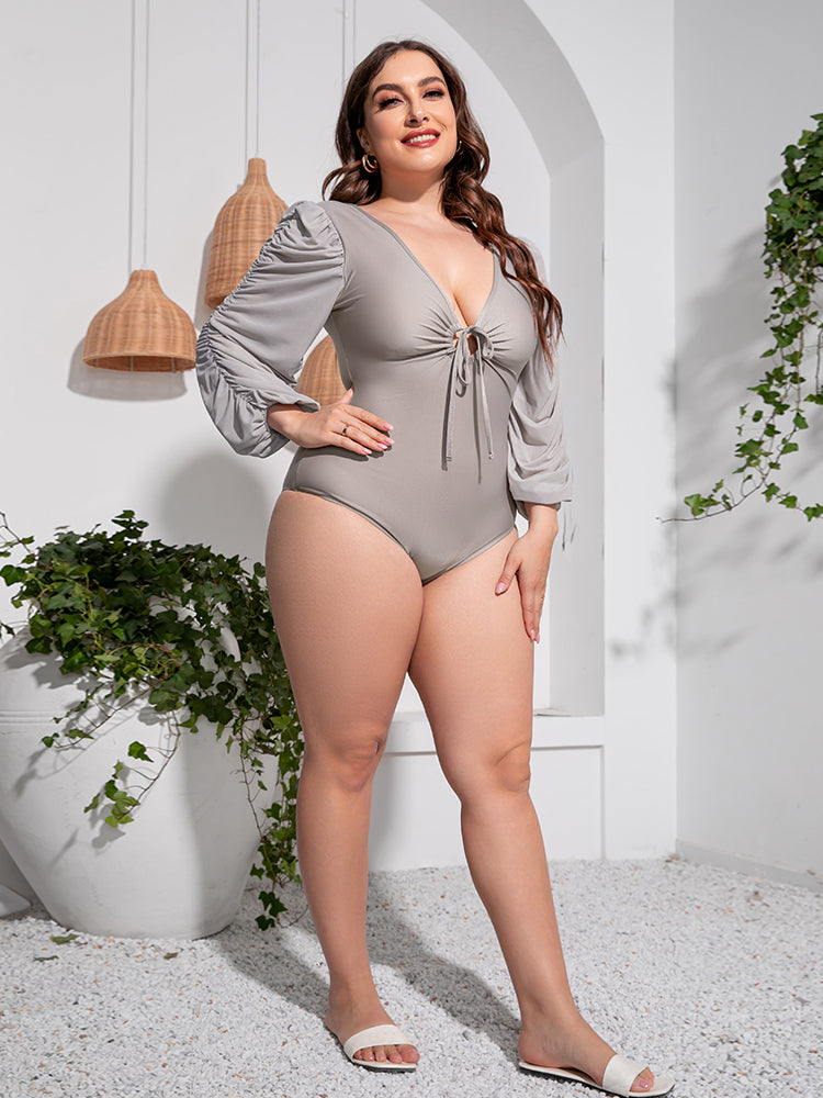 Plus Size Tied Deep V Balloon Sleeve One Piece Swimsuit - Stylish and Trendy Women's Fashion from Chic Yana's Fashion