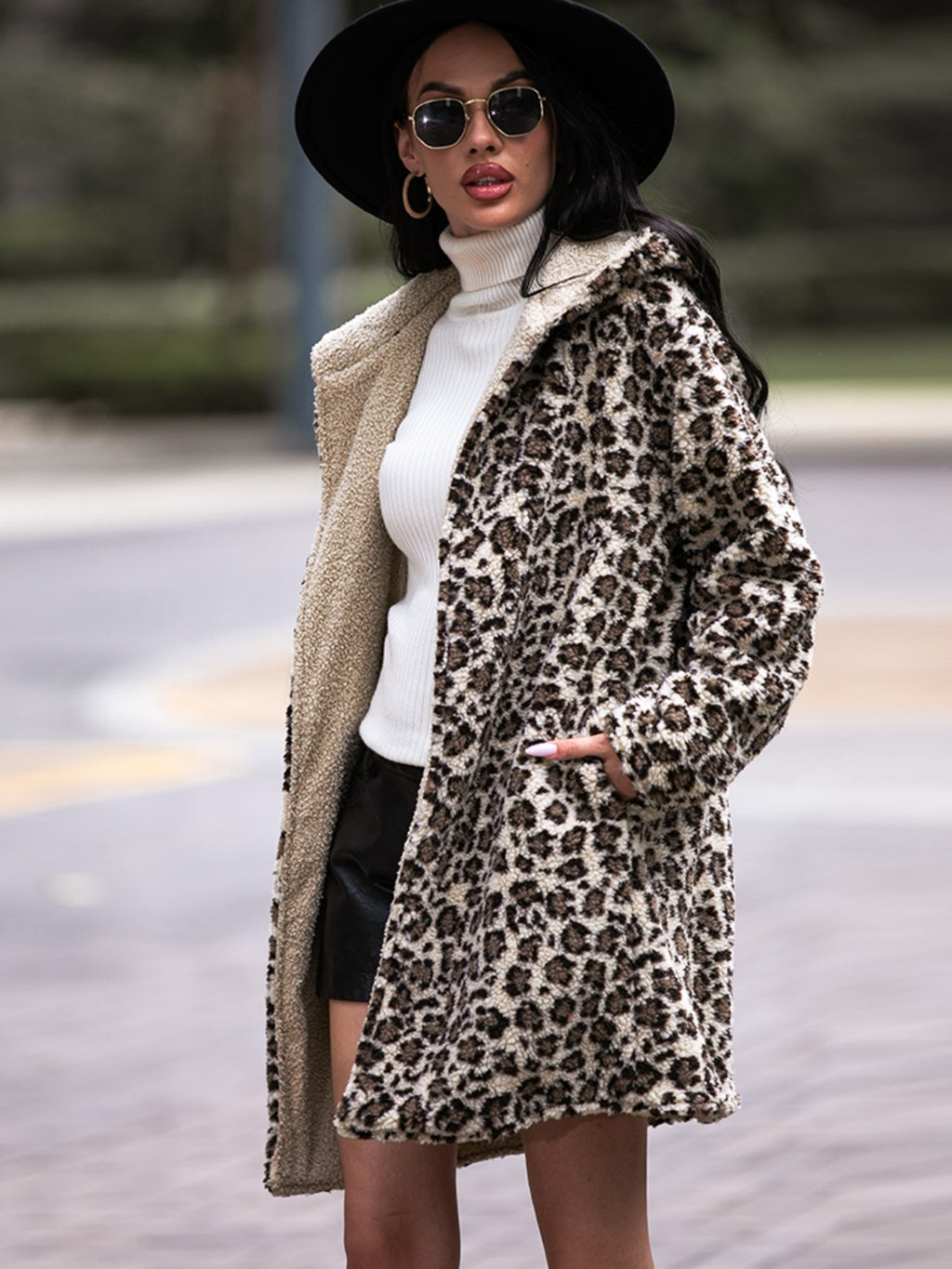 Shiny Leopard Hooded Coat with Pockets - Chic Yana’s Fashion