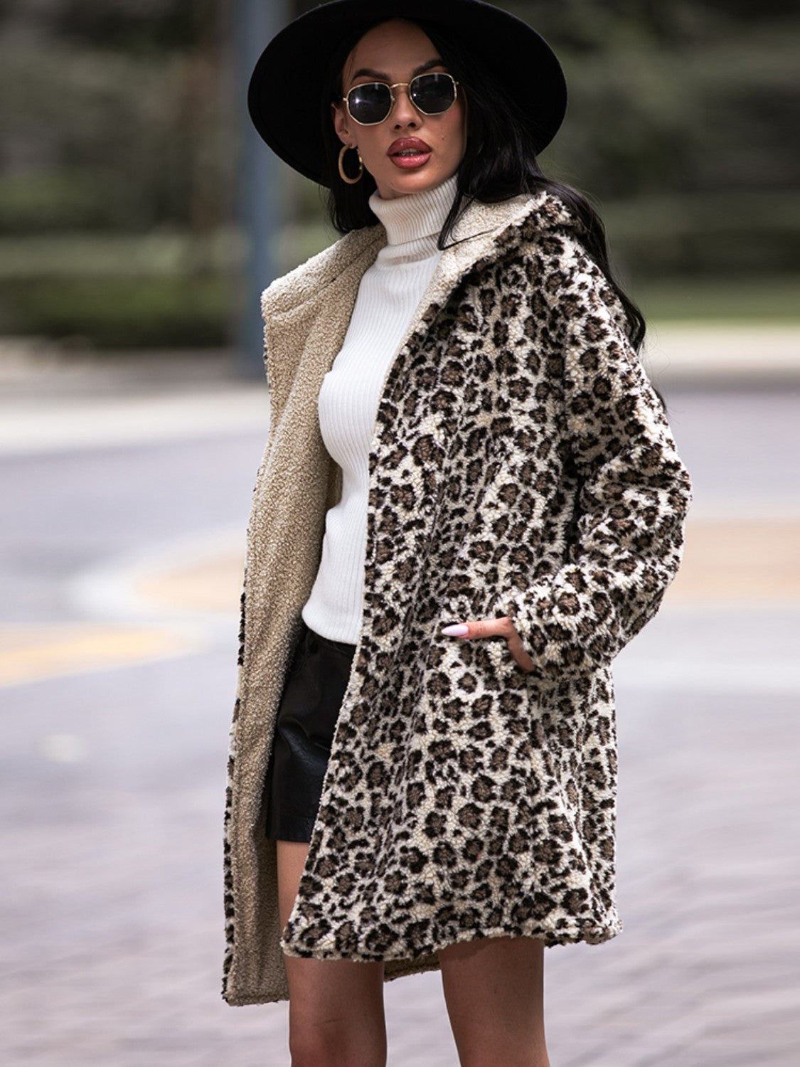 Shiny Leopard Hooded Coat with Pockets - Chic Yana’s Fashion