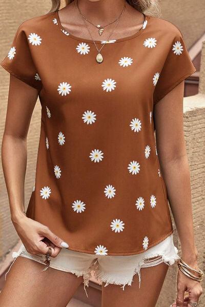 Daisy Printed Round Neck Short Sleeve Blouse - Chic Yana's Fashion