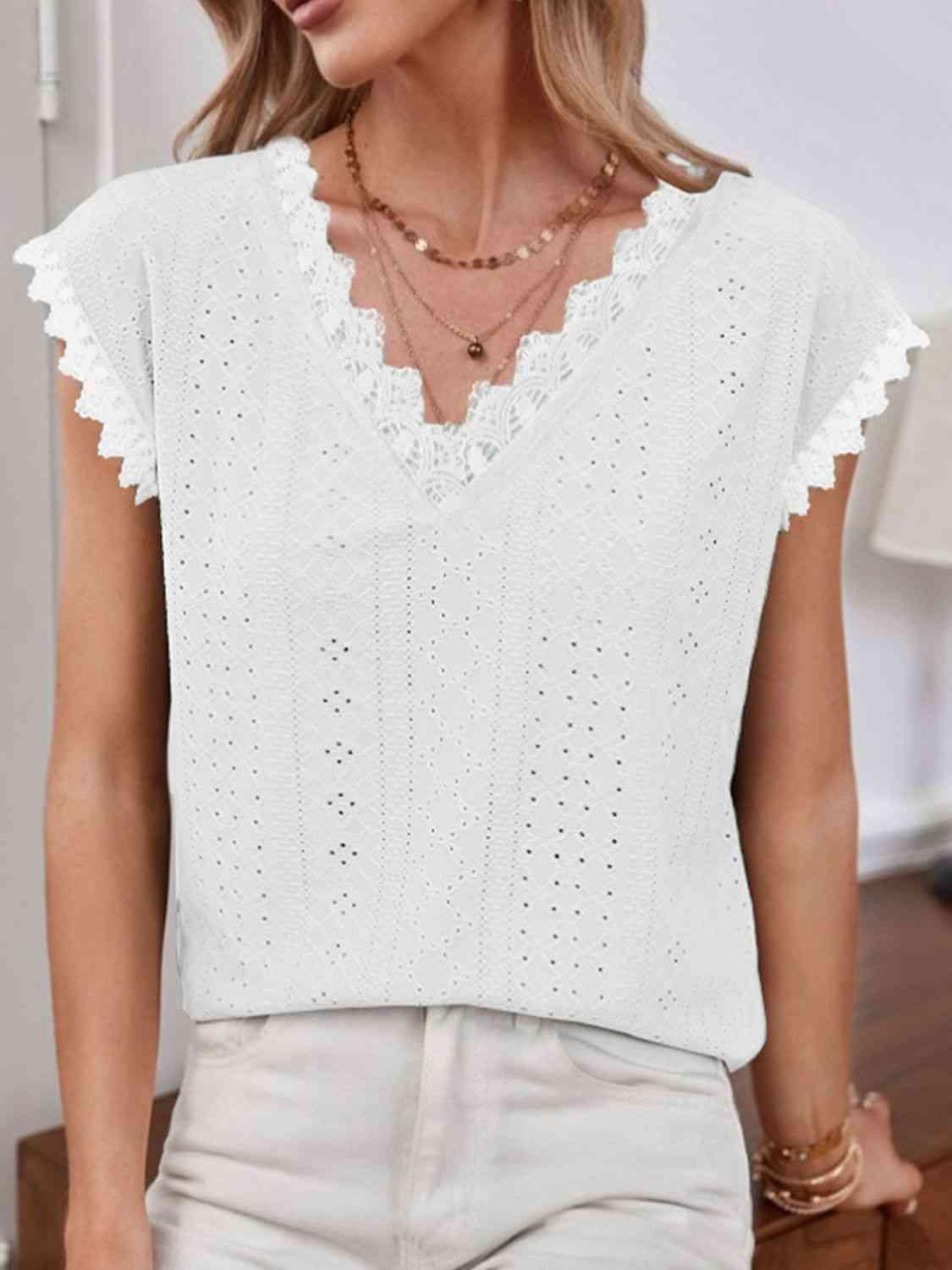 Shiny V Neck Eyelet Short Sleeve Top - Chic Yana's Fashion