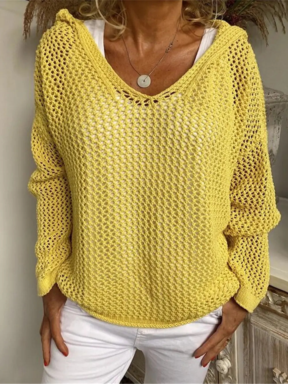 Openwork Hooded Long Sleeve Sweater – stylish women's fashion from Chic Yana's Fashion