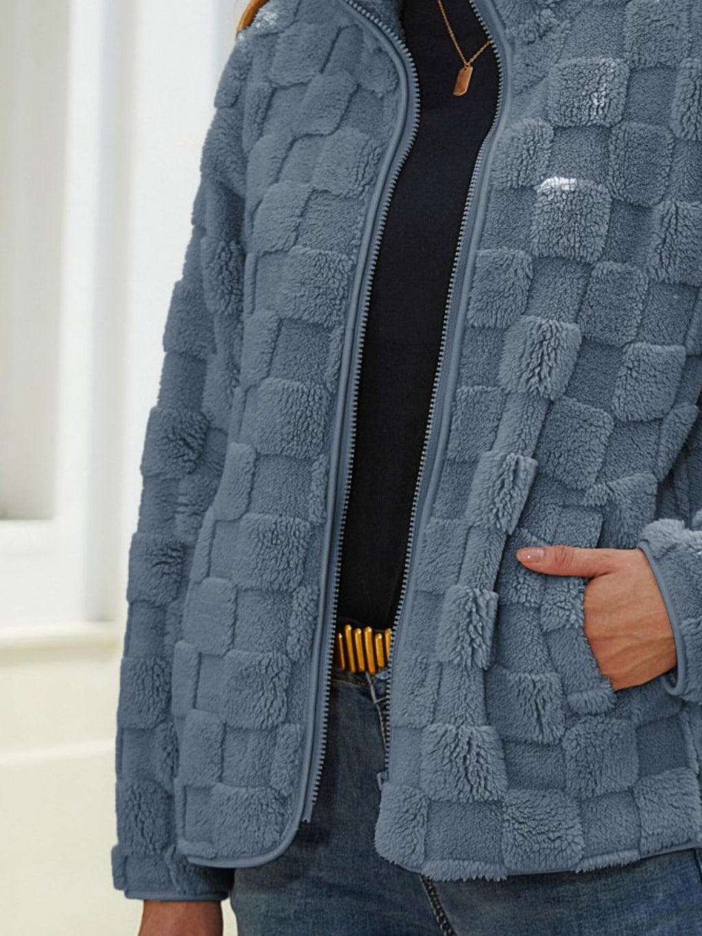Fuzzy Checkered Zip Up Jacket - Chic Yana’s Fashion