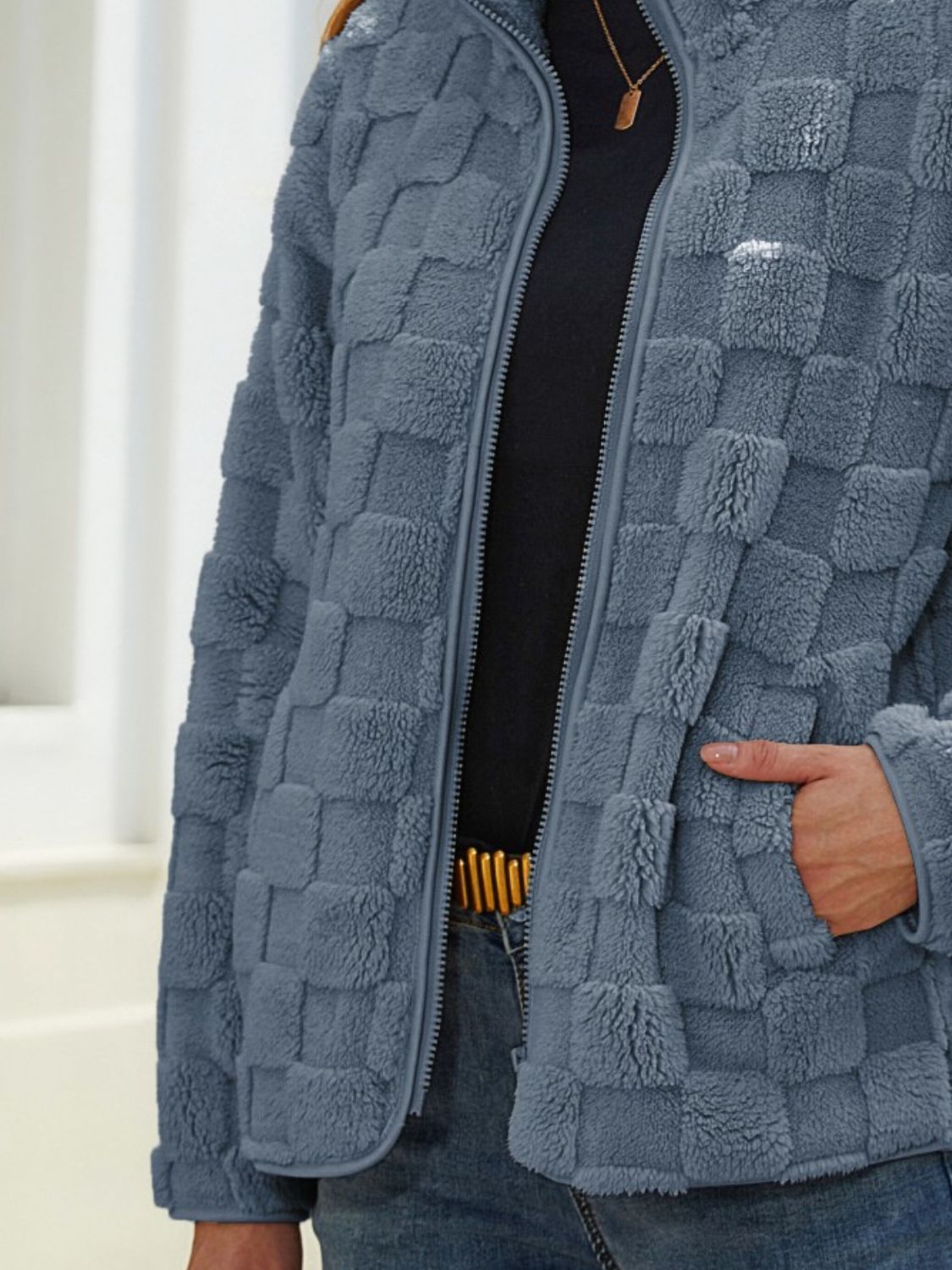 Fuzzy Checkered Zip Up Jacket - Chic Yana’s Fashion