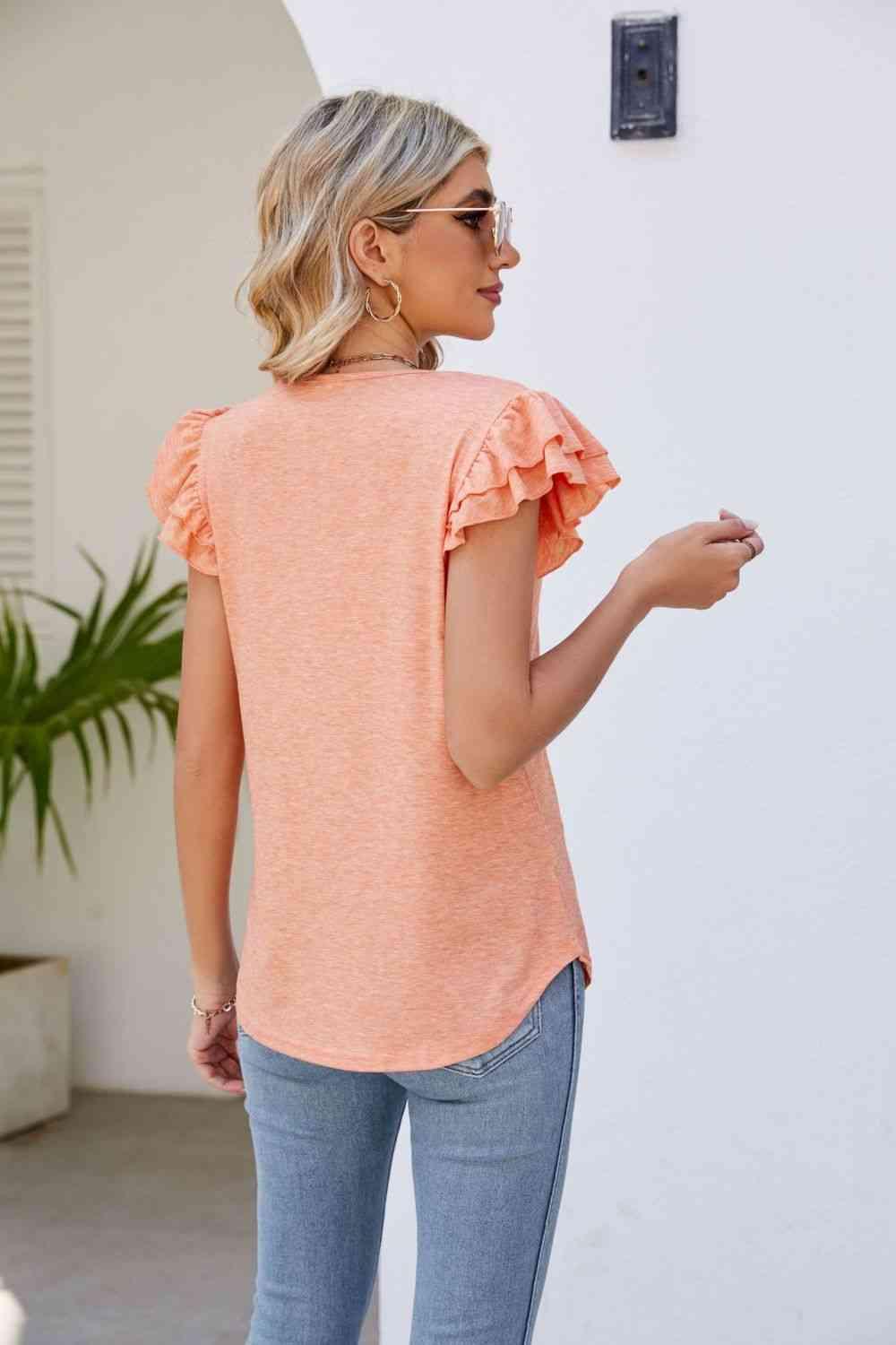 Smocked Flutter Sleeve V Neck Top - Chic Yana's Fashion