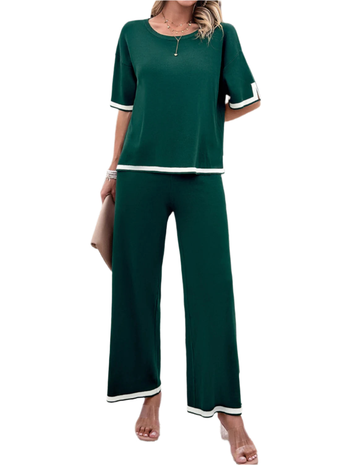 Devine Contrast Trim Round Neck Top and Pants Set – Chic Yana’s Fashion