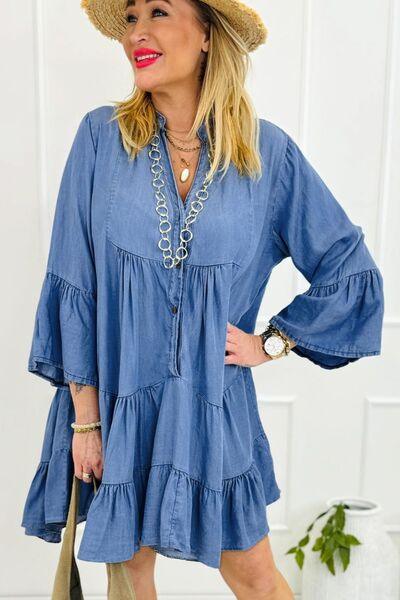 Notched Three Quarter Sleeve Denim Dress - Chic Yana's Fashion