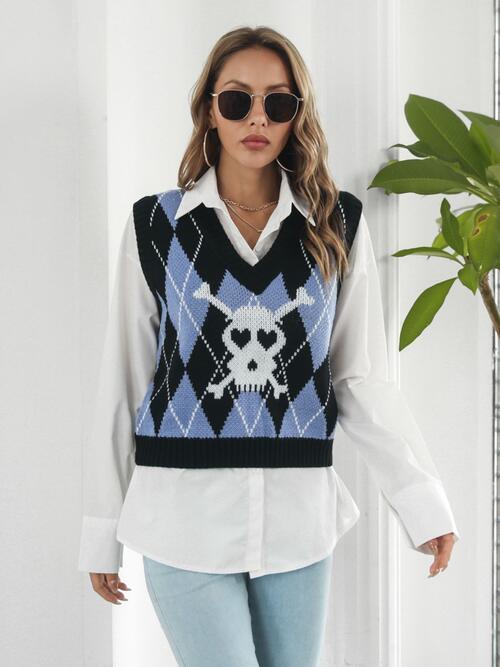 Skull Geometric V Neck Sweater Vest - Chic Yana's Fashion