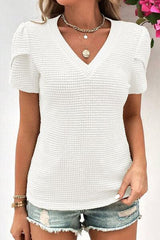 Waffle Knit V Neck Short Sleeve Blouse - Chic Yana's Fashion