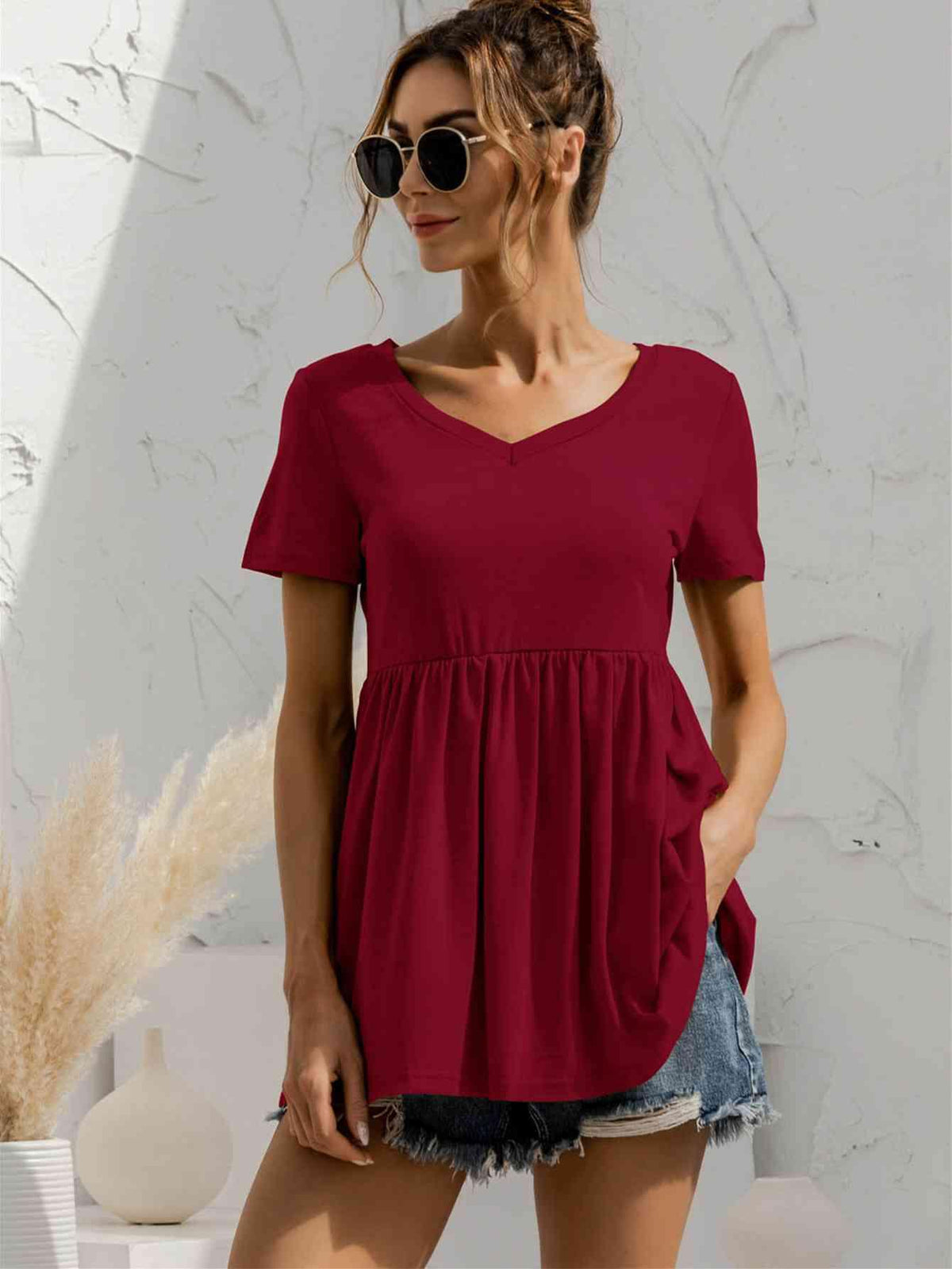 V Neck Short Sleeve Babydoll Top - Chic Yana's Fashion