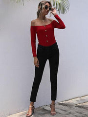 Perfee Decorative Button Off Shoulder Long Sleeve Bodysuit - Chic Yana's Fashion