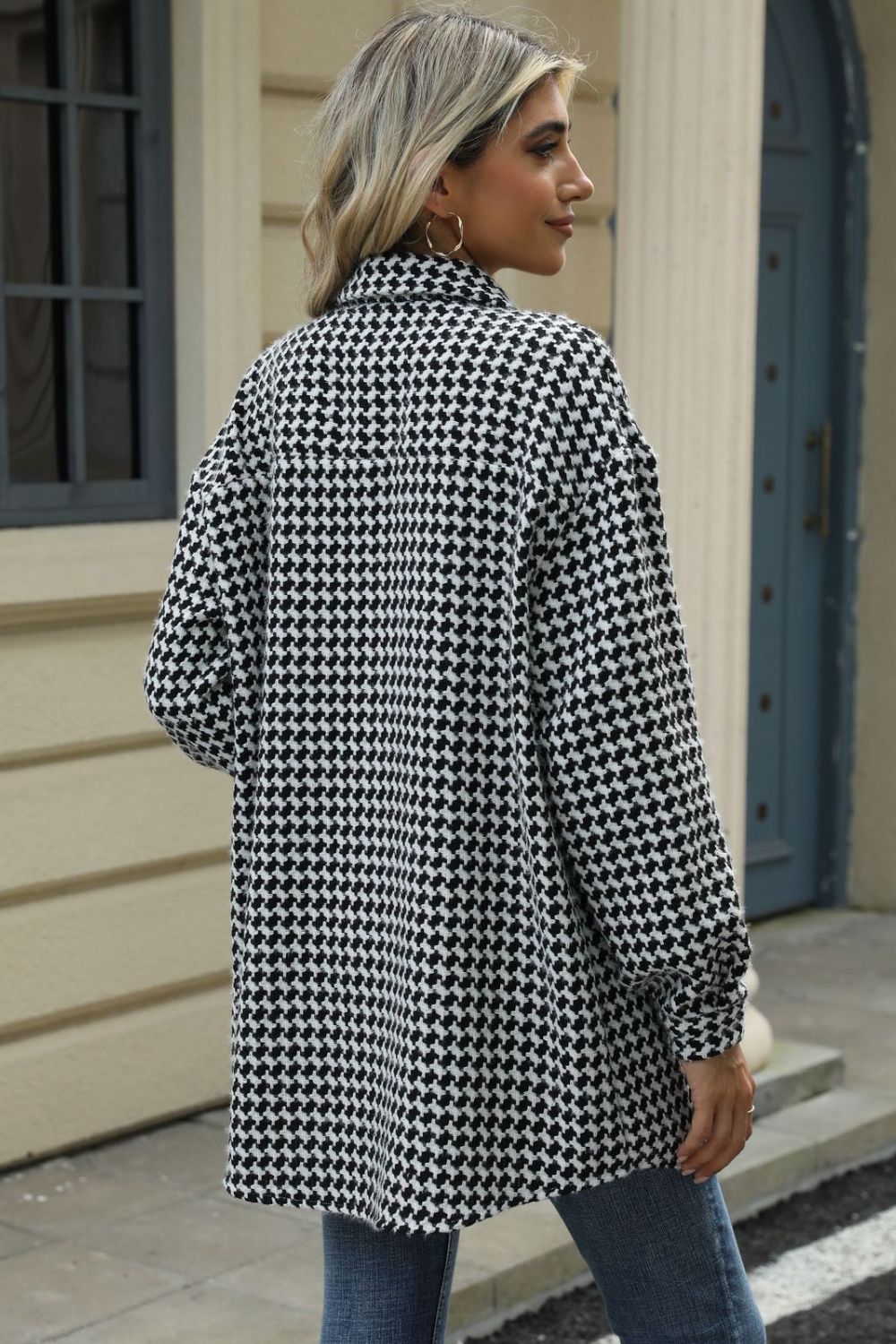 Houndstooth Button Up Dropped Shoulder Coat - Chic Yana’s Fashion