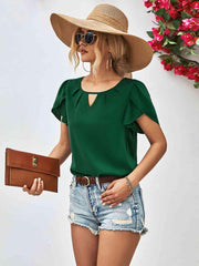 Cutout Round Neck Petal Sleeve Blouse - Chic Yana's Fashion