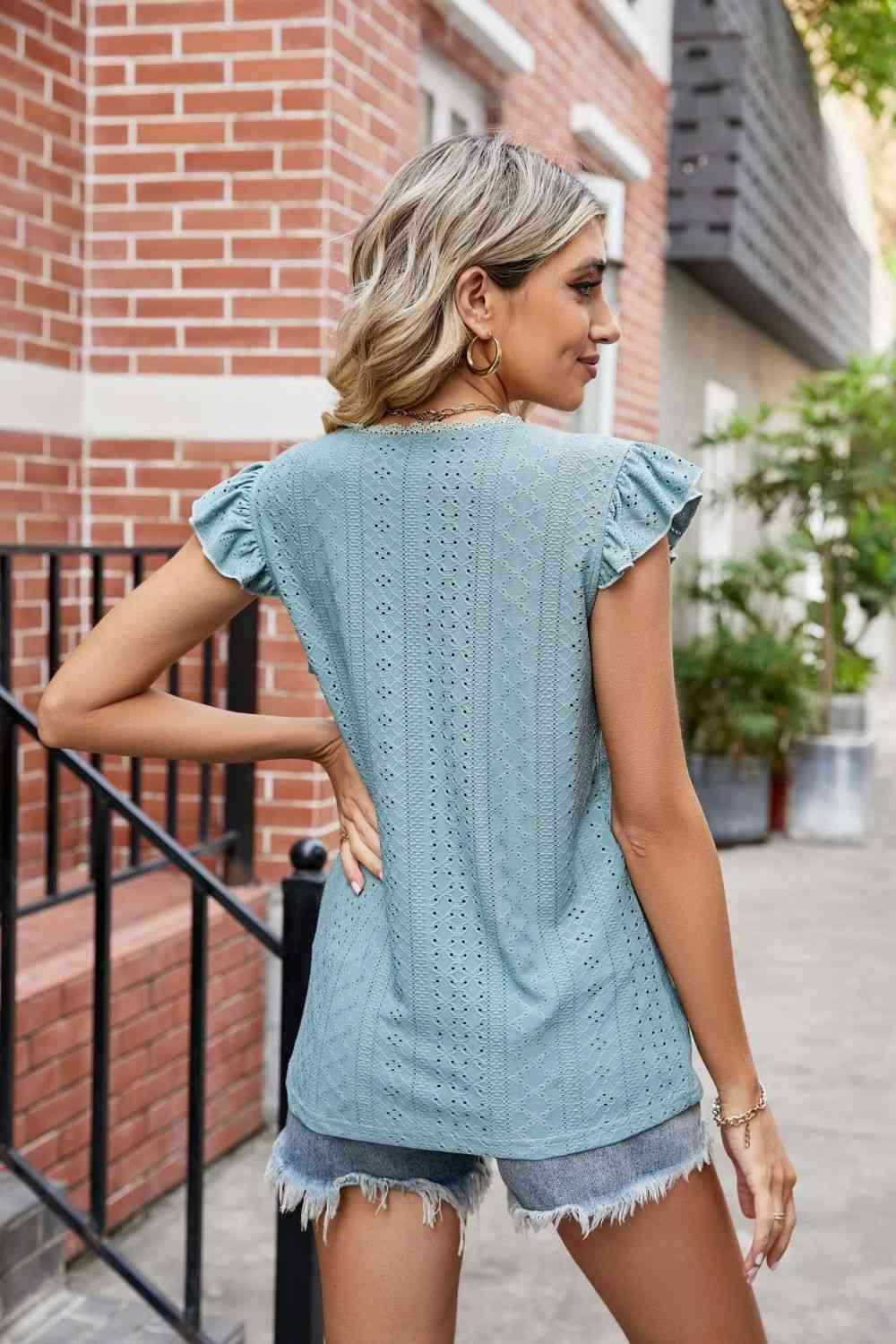 Eyelet Flutter Sleeve Scalloped V Neck Top - Chic Yana's Fashion