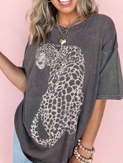 Cheetah Mineral Wash Round Neck Half Sleeve T Shirt - Chic Yana's Fashion