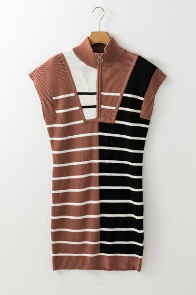 Striped Quarter Zip Cap Sleeve Sweater Dress - Chic Yana's Fashion