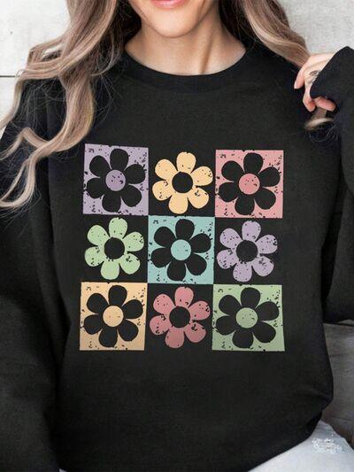 Flower Round Neck Long Sleeve Sweatshirt - Chic Yana's Fashion