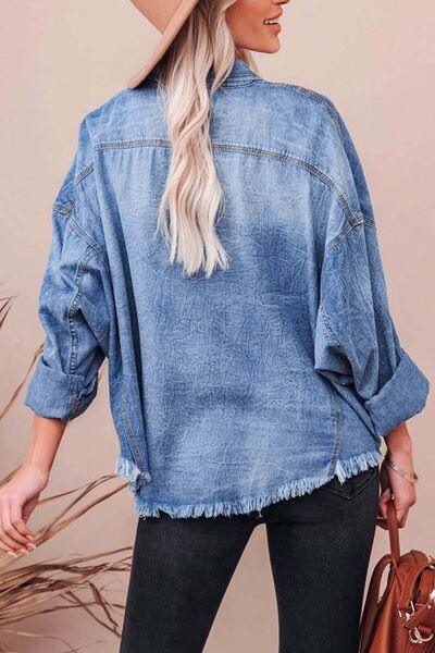 Collared Neck Raw Hem Long Sleeve Denim Shirt - Chic Yana's Fashion