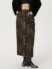 See the fine details of Leopard Button Up Denim Skirt – A stunning Bottoms choice.