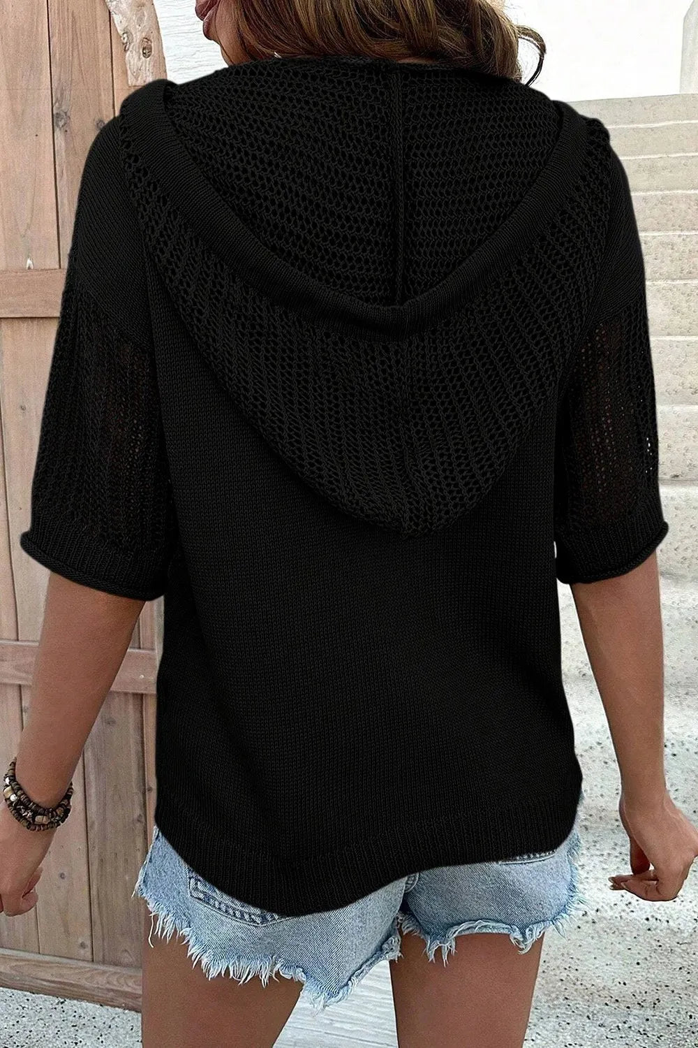 Drawstring Half Sleeve Hooded Sweater – stylish women's fashion from Chic Yana's Fashion