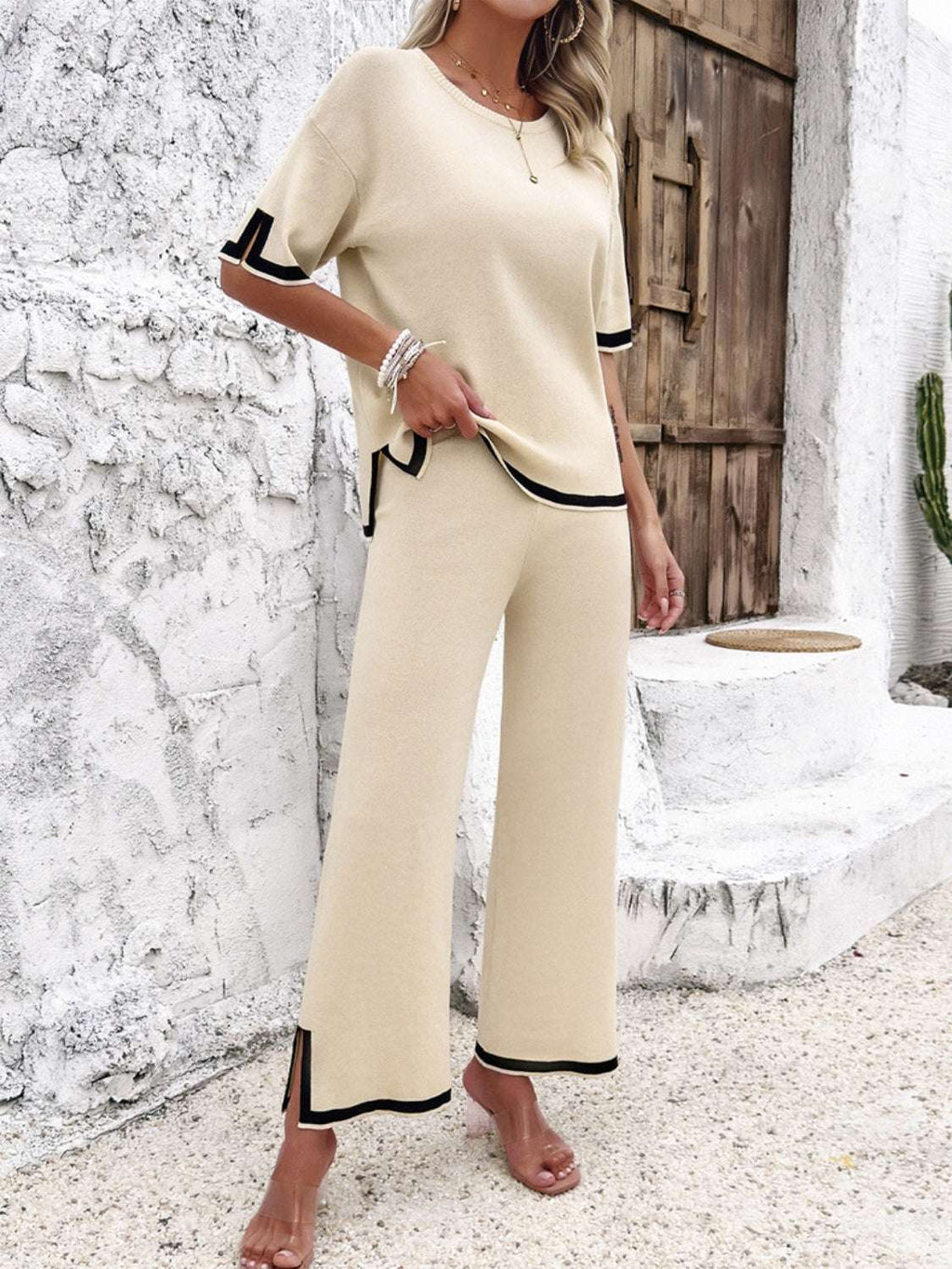 Devine Contrast Trim Round Neck Top and Pants Set – Chic Yana’s Fashion