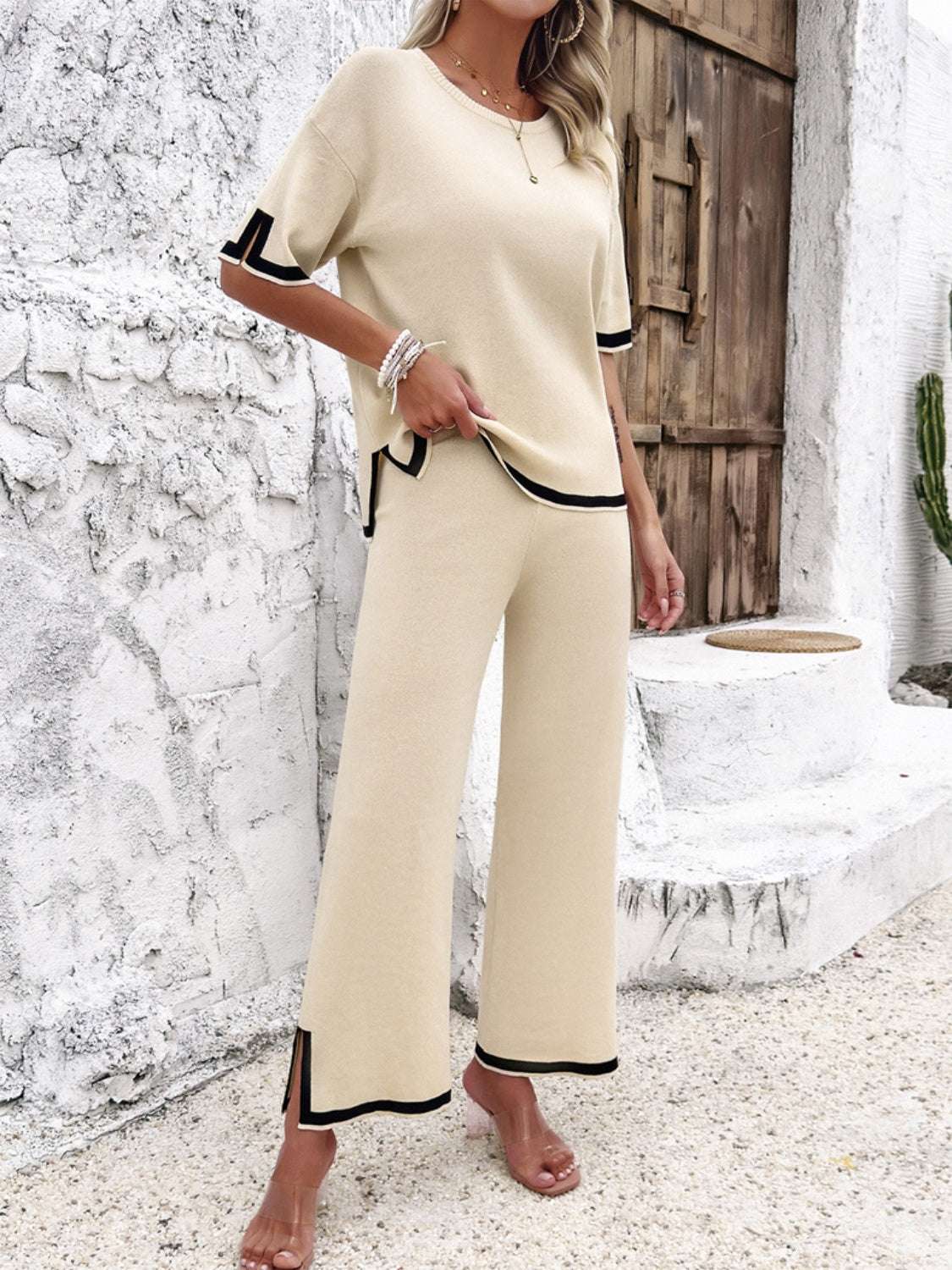 Devine Contrast Trim Round Neck Top and Pants Set – Chic Yana’s Fashion