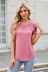 Smocked Round Neck Short Sleeve T Shirt 1 - Chic Yana's Fashion