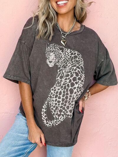 Cheetah Mineral Wash Round Neck Half Sleeve T Shirt - Chic Yana's Fashion