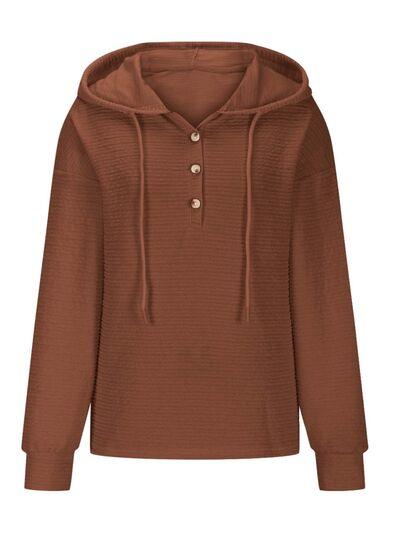 Drawstring Quarter Button Long Sleeve Hoodie - Chic Yana's Fashion