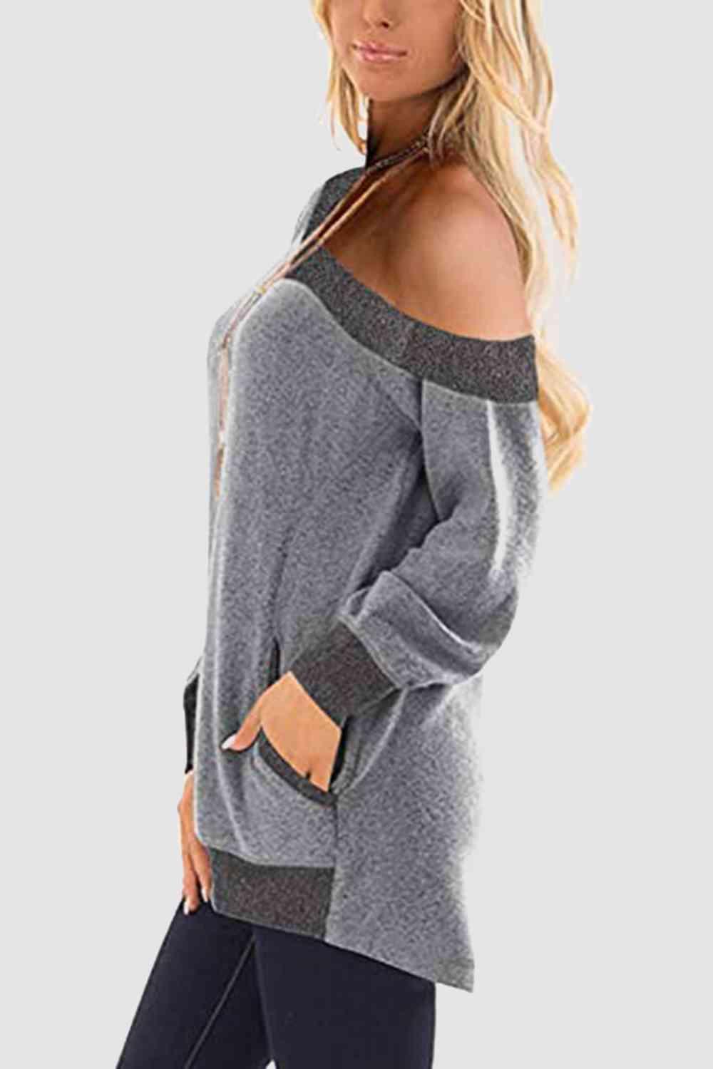 V Neck Long Sleeve Sweatshirt With Pockets - Chic Yana's Fashion