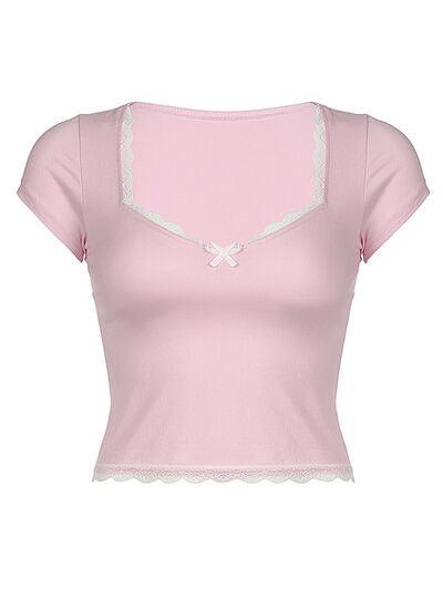 Lace Detail Sweetheart Neck Short Sleeve T Shirt - Chic Yana's Fashion