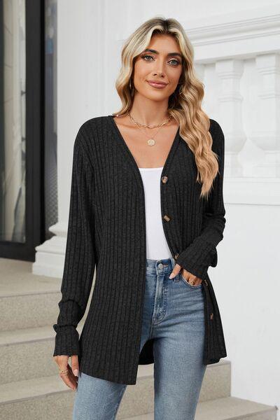 Ribbed Button Up Long Sleeve Cardigan - Chic Yana's Fashion