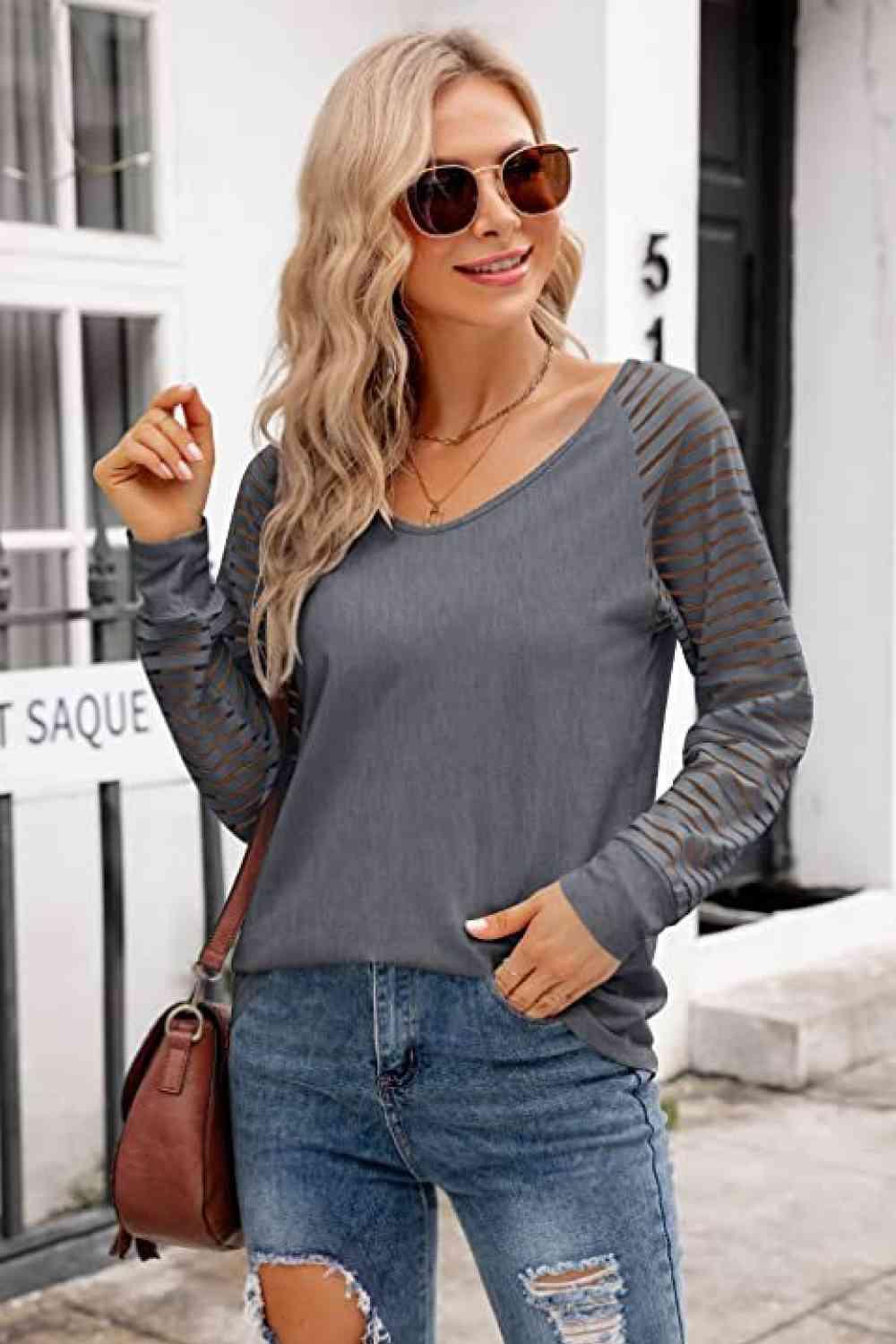 V Neck Long Raglan Sleeve Top - Chic Yana's Fashion