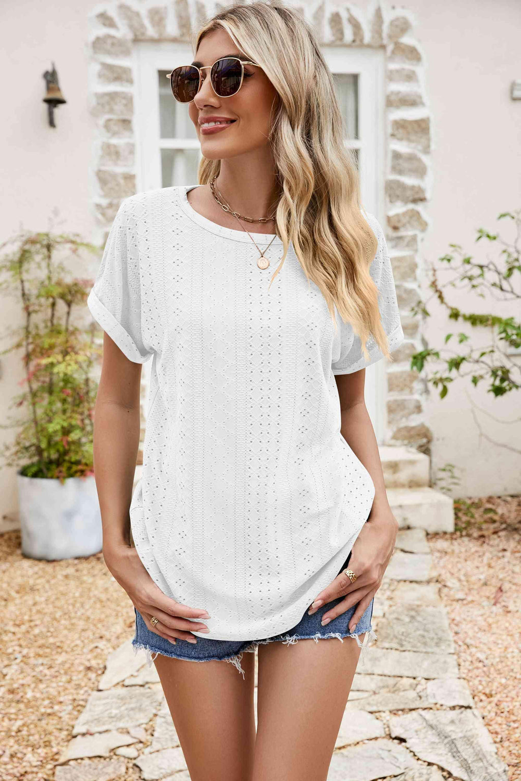 Full Size Round Neck Eyelet Short Sleeve Top - Chic Yana's Fashion