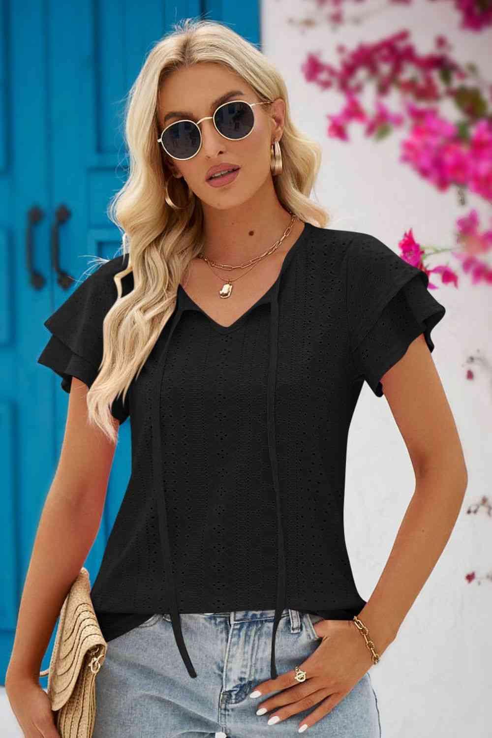 Mandy Eyelet Tie Neck Flutter Sleeve Blouse - Chic Yana's Fashion