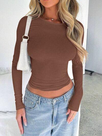 Solid Color Round Neck Long Sleeve T Shirt - Chic Yana's Fashion