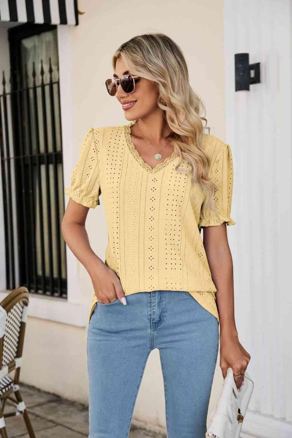 Eyelet Flounce Sleeve Scalloped V Neck Top - Chic Yana's Fashion