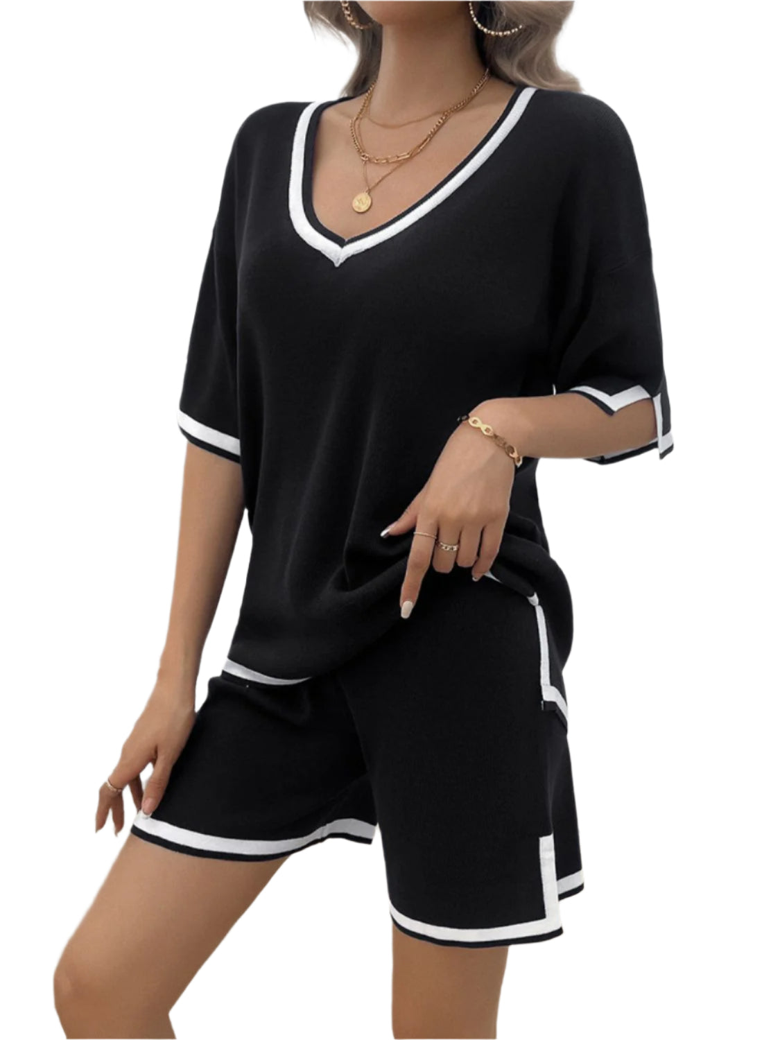 Devine Contrast Trim V-Neck Top and Shorts Set - Shop Now at Chic Yana's Fashion