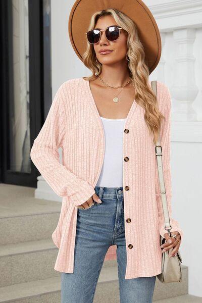 Ribbed Button Up Long Sleeve Cardigan - Chic Yana's Fashion