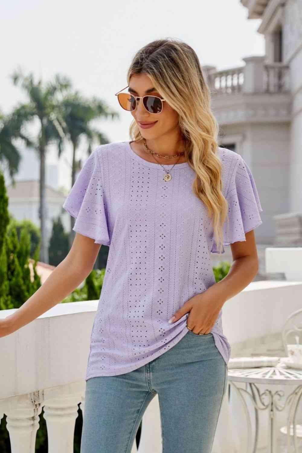 Eyelet Flutter Sleeve Round Neck Top - Chic Yana's Fashion