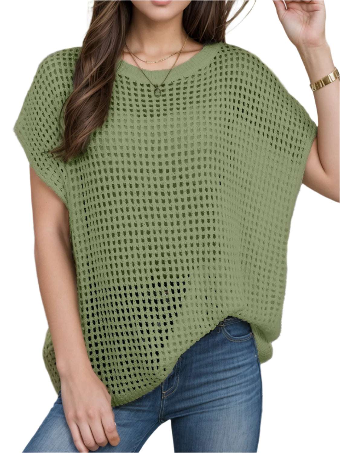 Openwork Round Neck Short Sleeve Cover-Up - Stylish and Trendy Women's Fashion from Chic Yana's Fashion