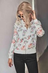 Floral Zip Up Ribbed Trim Bomber Jacket - Chic Yana's Fashion