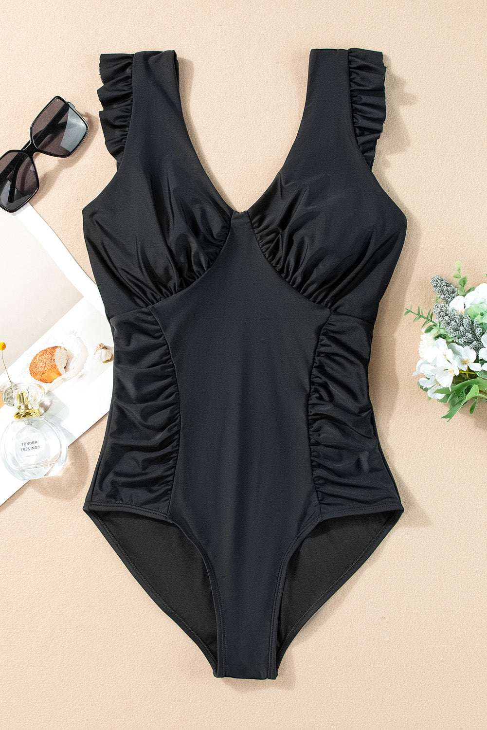 Full Size Ruched V Neck One Piece Swimwear - Stylish and Trendy Women's Fashion from Chic Yana's Fashion