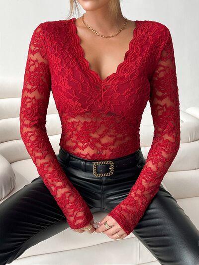 V Neck Long Sleeve Lace Top - Chic Yana's Fashion
