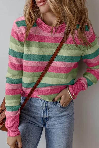 Striped Round Neck Long Sleeve Sweater - Chic Yana's Fashion