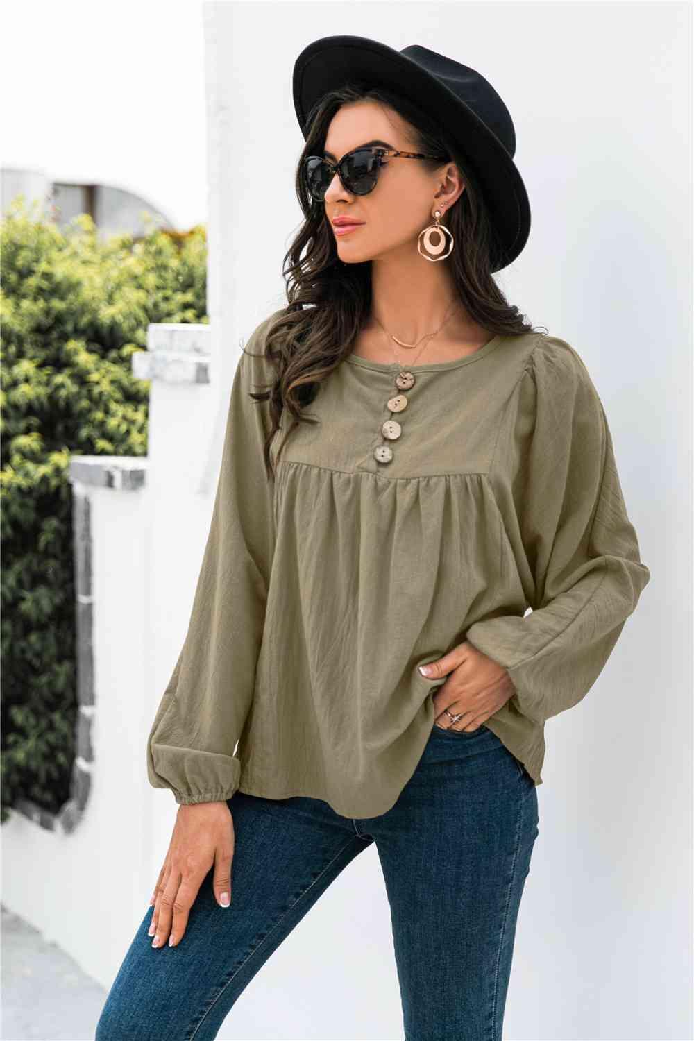 Button Up Balloon Sleeve Blouse - Chic Yana's Fashion