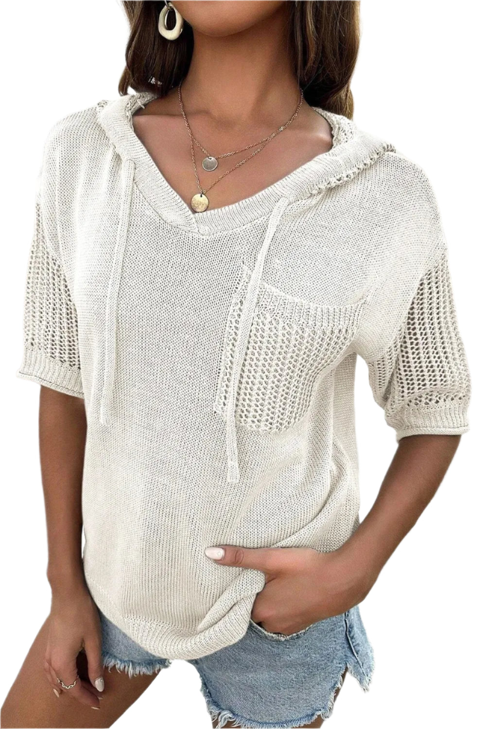 Drawstring Half Sleeve Hooded Sweater – stylish women's fashion from Chic Yana's Fashion
